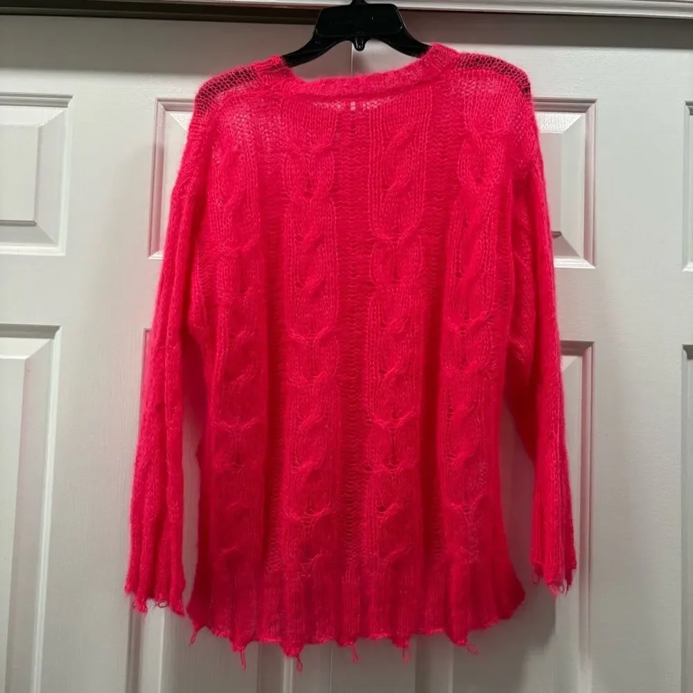 Anthropologie Posey Stitchy Distressed Open Knit Wool Sweater Pink Size XS
